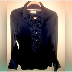 Nili Lotan M Medium Navy Silk Ruffle Blouse Shirt